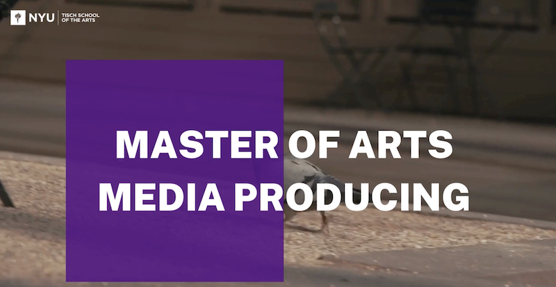 Still image of the MA Media Producing course preview video. Image shows 'MASTER OF ARTS MEDIA PRODUCING' in bold white text against a violet square graphic.